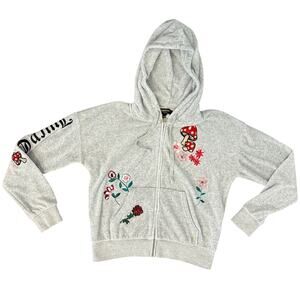 Juicy Couture Black Label Gray Bedazzled Mushroom Flower Zip Up Hoodie size S